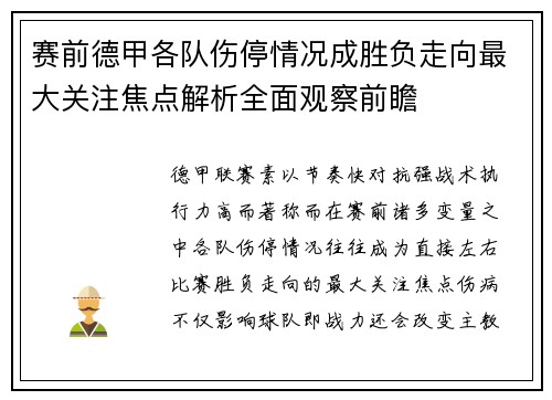 赛前德甲各队伤停情况成胜负走向最大关注焦点解析全面观察前瞻
